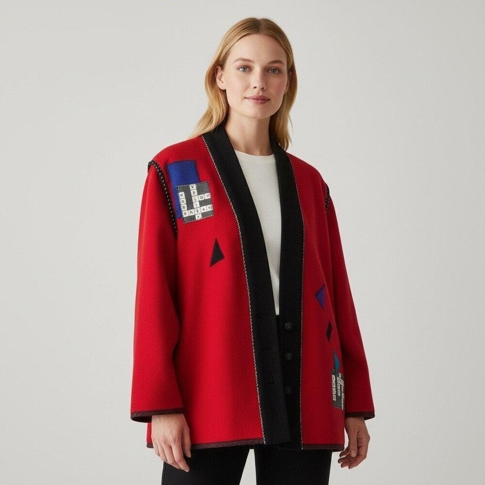 Vintage 90's Lynn Murray Red Wool Jacket w/ Crossword Appliqués Size Medium